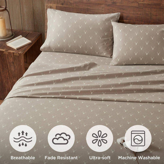 Woolrich Cotton Flannel 4-Piece Stag Head Cotton California King Sheet Set