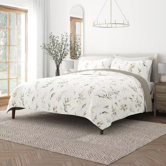 All Season 3-Pcs Latte Watercolor Leaves/Stripe Reversible Microfiber Quilt Set with Shams