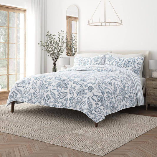 All Season 3-Pcs Jacobean/Stripe Reversible Dusk Blue Microfiber Quilt Set with Shams