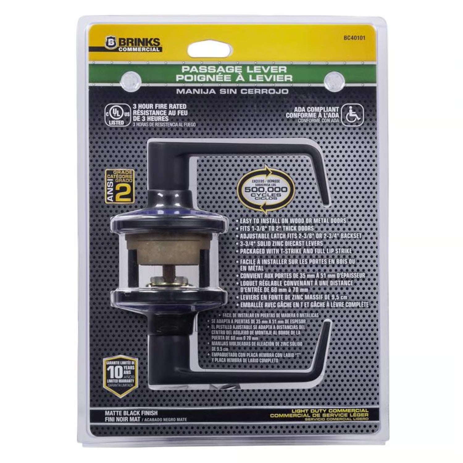 Brinks Commercial Matte Black Passage Lever: 2 in.