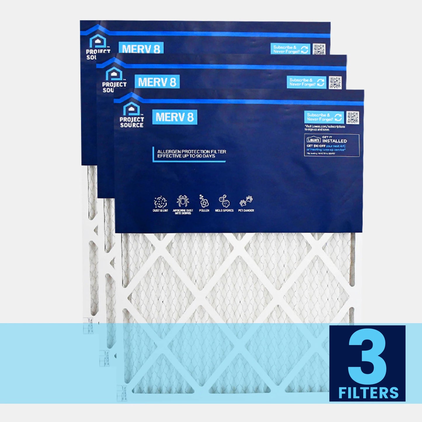 Project Source 16-in W x 25-in L x 1-in MERV 8 Electrostatic Pleated Air Filter (3-Pack)