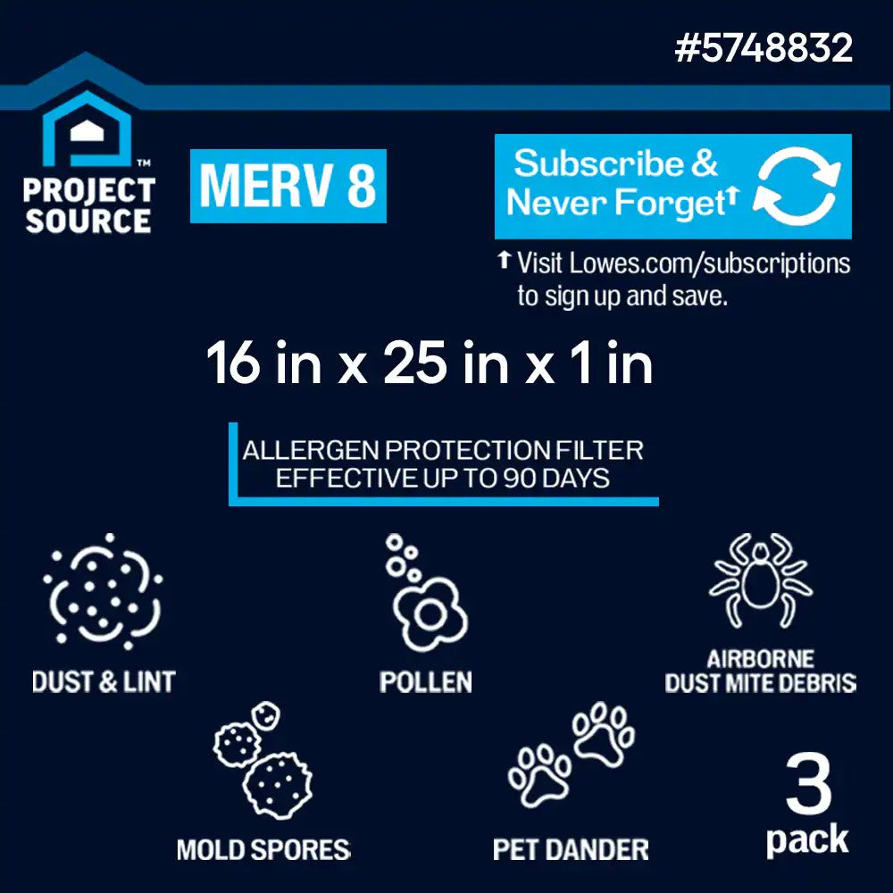 Project Source 16-in W x 25-in L x 1-in MERV 8 Electrostatic Pleated Air Filter (3-Pack)