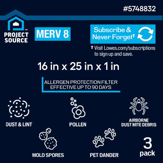 Project Source 16-in W x 25-in L x 1-in MERV 8 Electrostatic Pleated Air Filter (3-Pack)