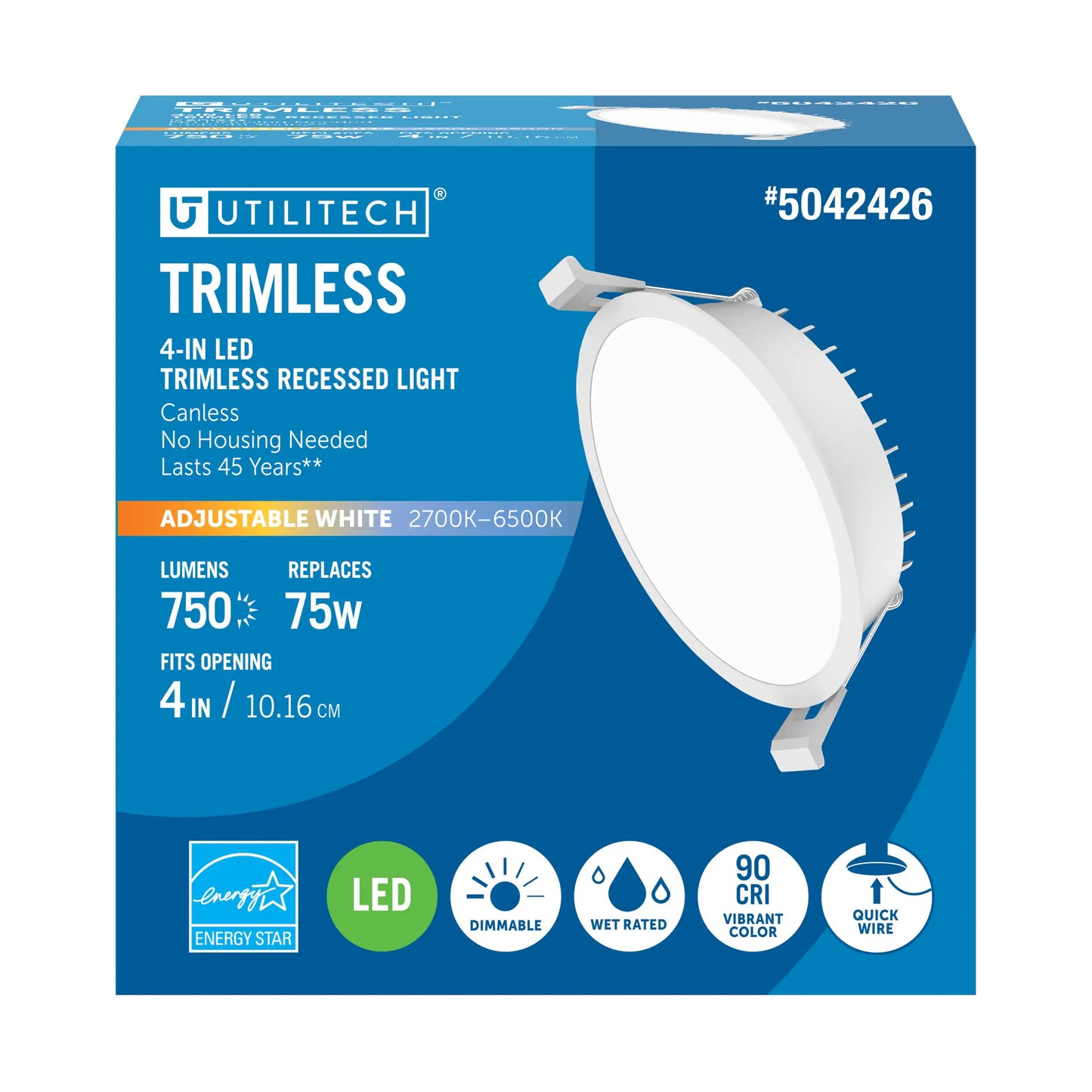 Utilitech Canless Trimless Recessed Downlight White 4-in 750-Lumen Switchable White Round Dimmable LED Canless Recessed Downlight