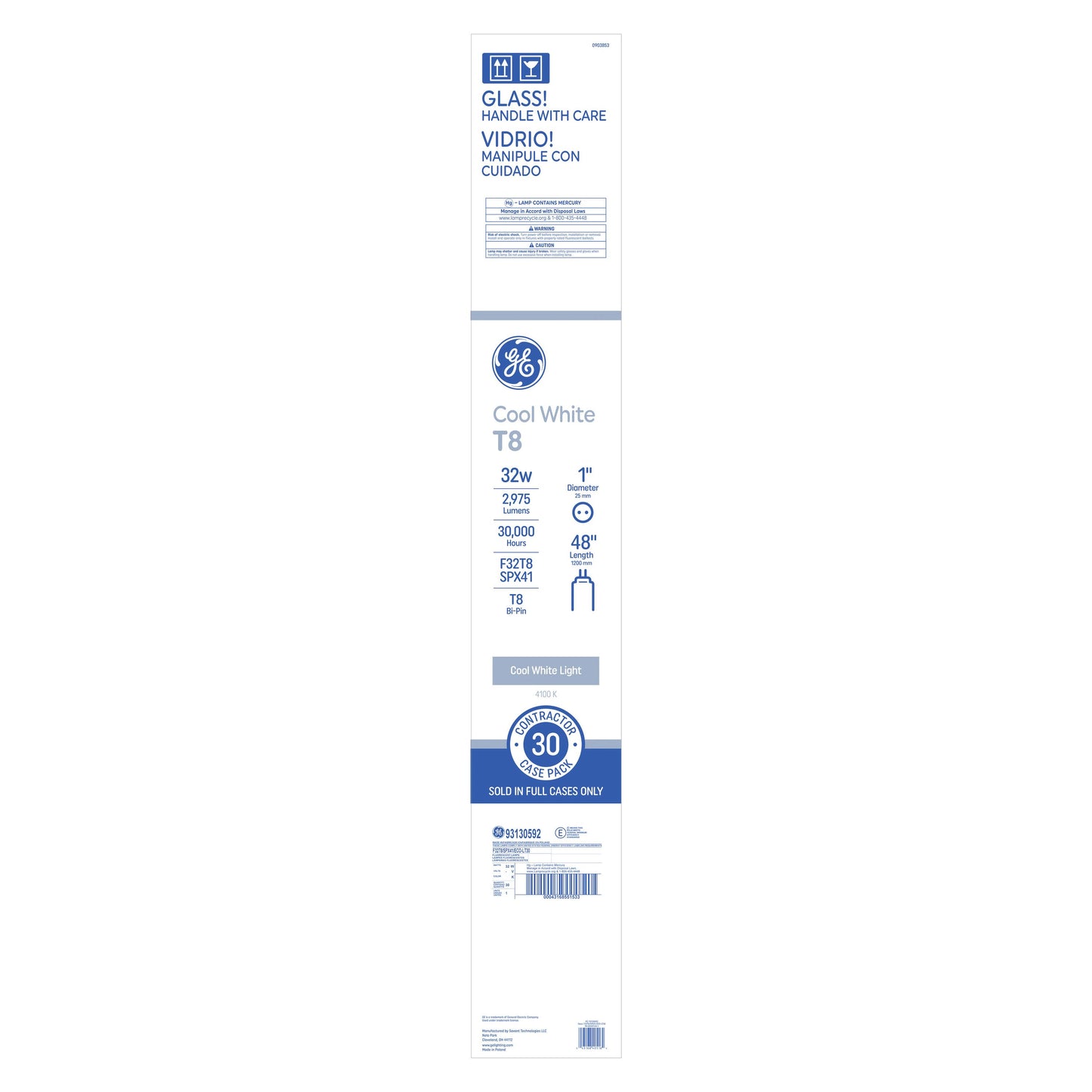 GE 32 -Watt EQ T8 Cool white Medium bi-pin base G13 Fluorescent Tube Light Bulb 30 Pack