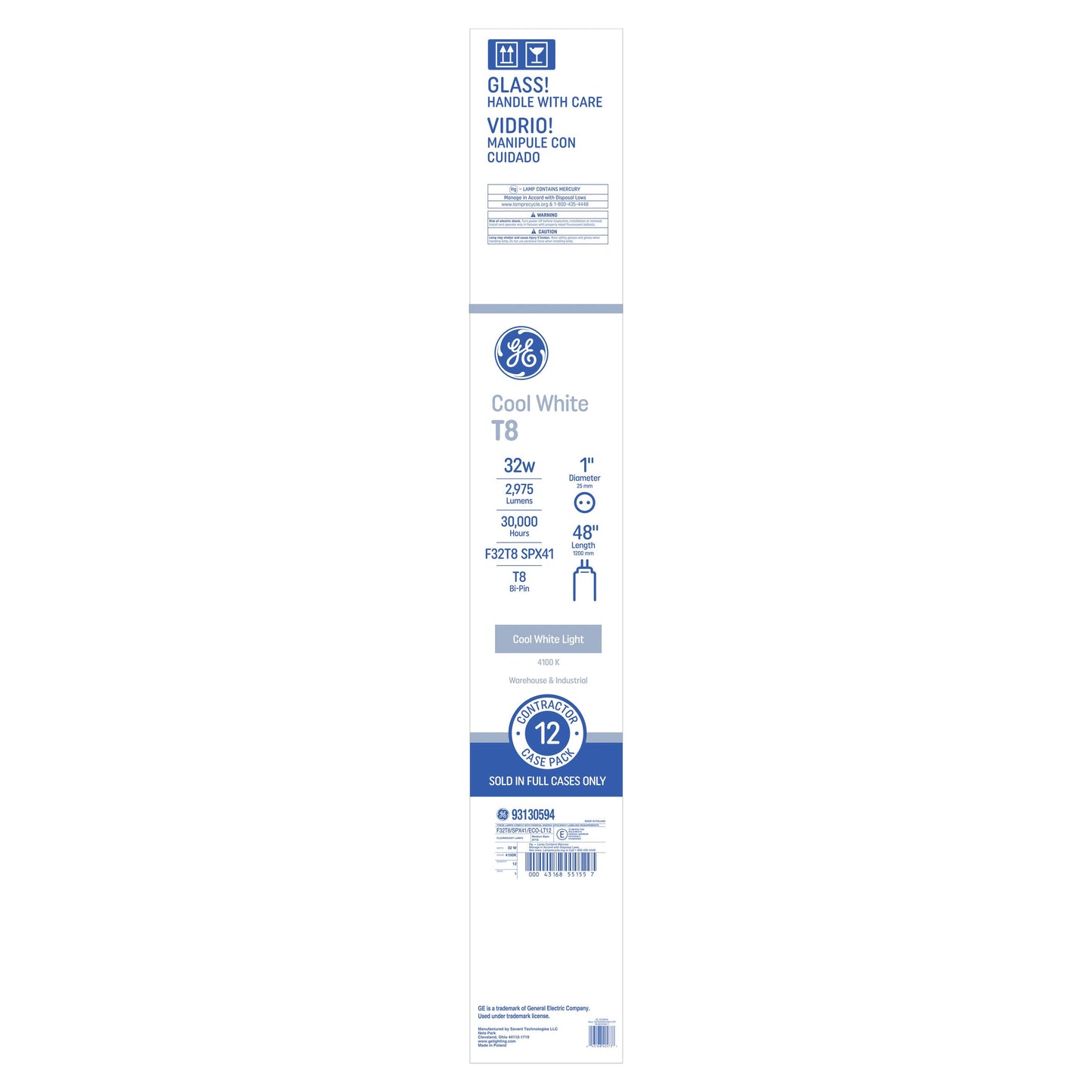 GE 32 -Watt EQ T8 Cool daylight Medium bi-pin base G13 Fluorescent Tube Light Bulb 12 -Pack