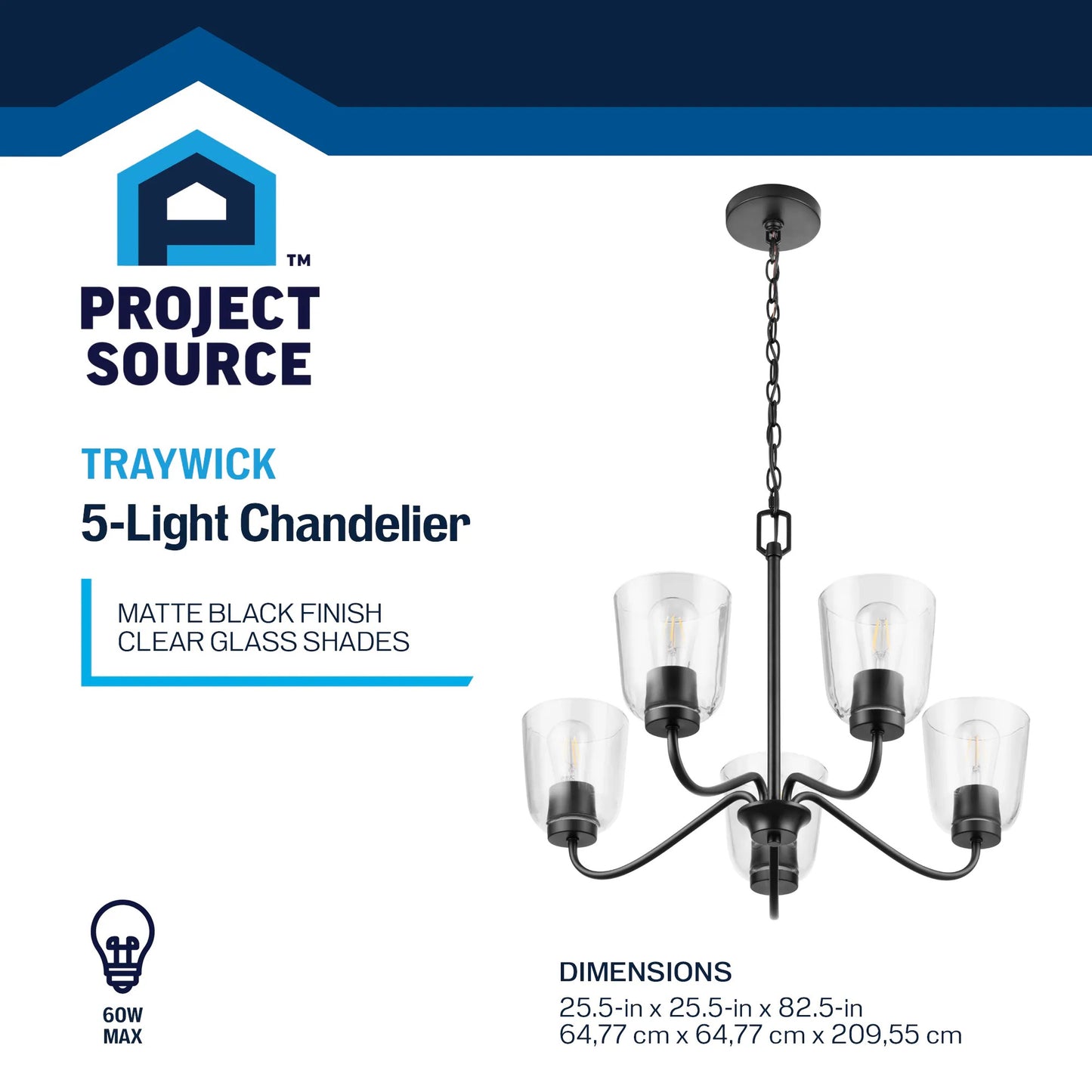 Project Source Traywick 5-Light Matte Black Transitional Led Chandelier