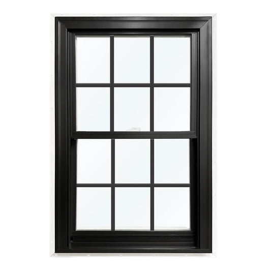 United Window & Door PRO Series 35-1/2-in x 59-1/2-in Black Exterior White Interior Vinyl New Construction Double Hung Window Low-e Argon Double Pane Glass with Grids (Full Screen Included)
