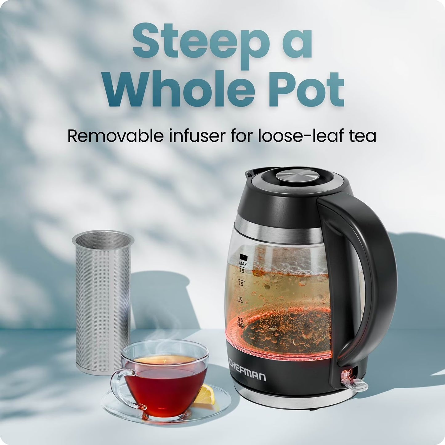 Chefman Fast-Boil 1.8L Electric Kettle, 1500W with Removable Tea Infuser