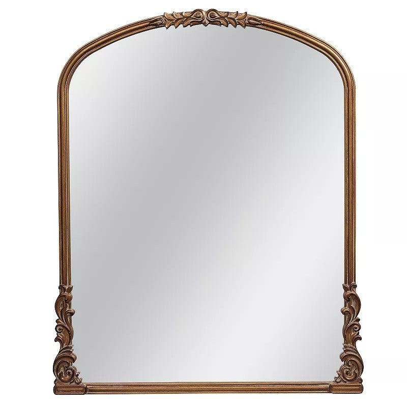 Wylde Iris English Estate Carved Arch Wood Wall Mirror, Antique Gold