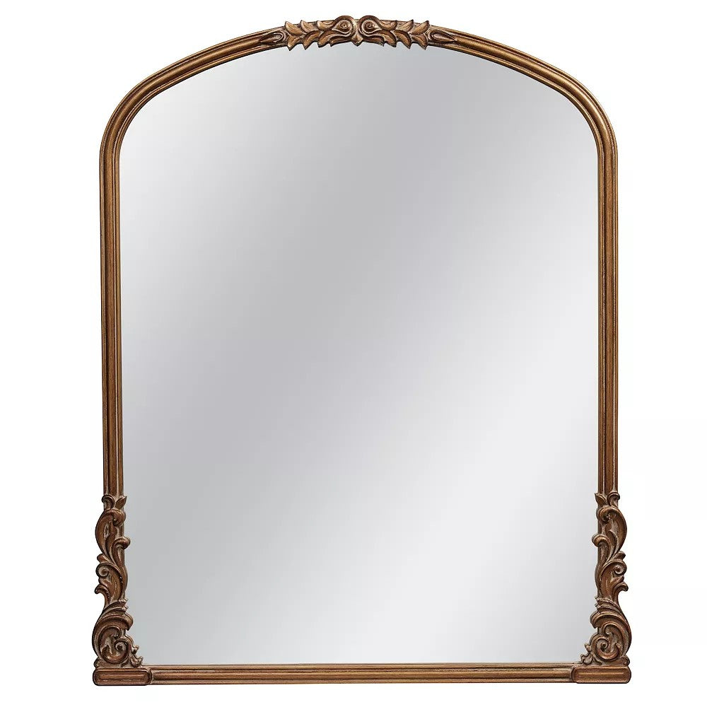 Wylde Iris English Estate Carved Arch Wood Wall Mirror, Antique Gold