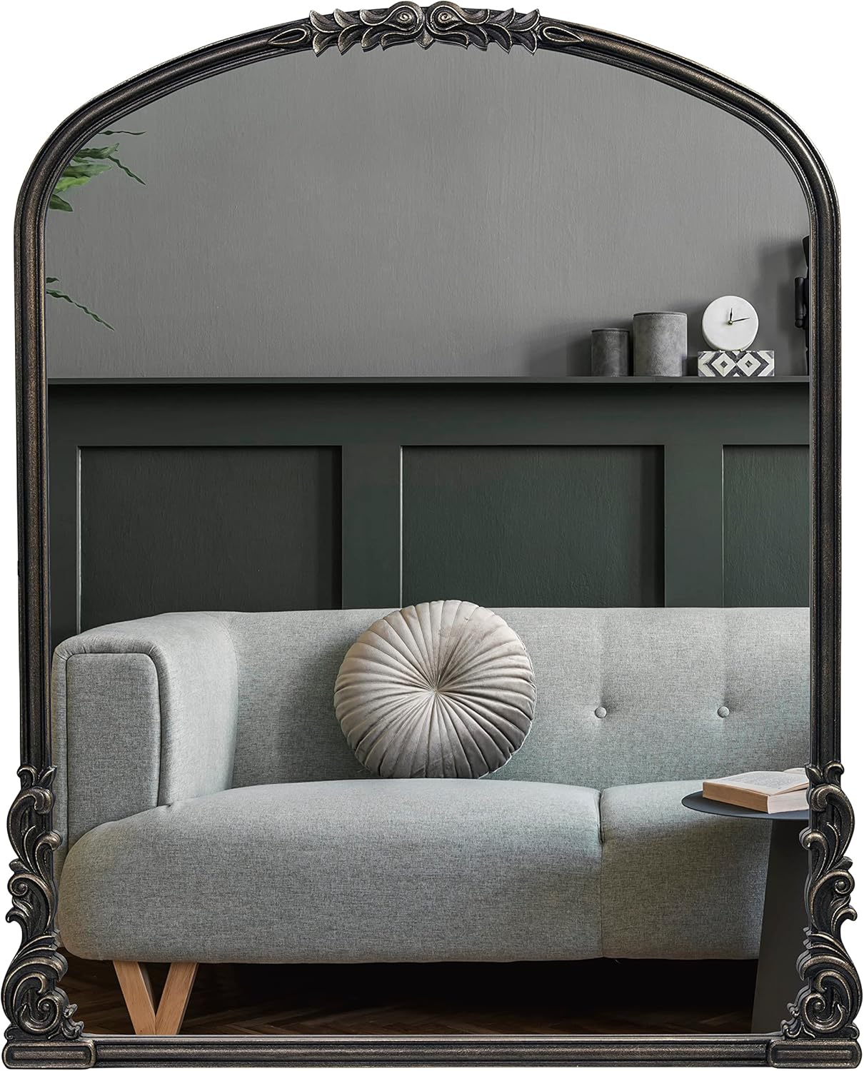 Wylde Iris English Estate Carved Arch Wood Wall Mirror, Mirror for Entryway, Living Room, Bathroom, Antique Black, 28.4x35