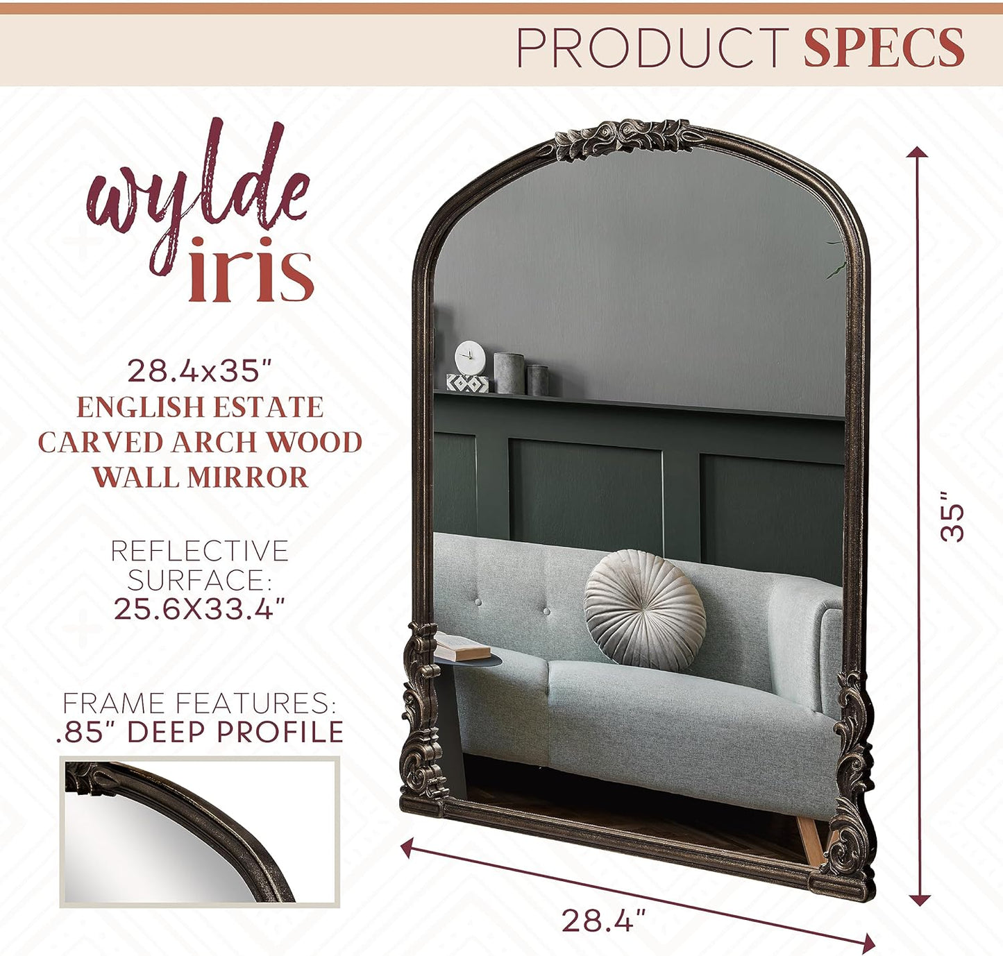 Wylde Iris English Estate Carved Arch Wood Wall Mirror, Mirror for Entryway, Living Room, Bathroom, Antique Black, 28.4x35