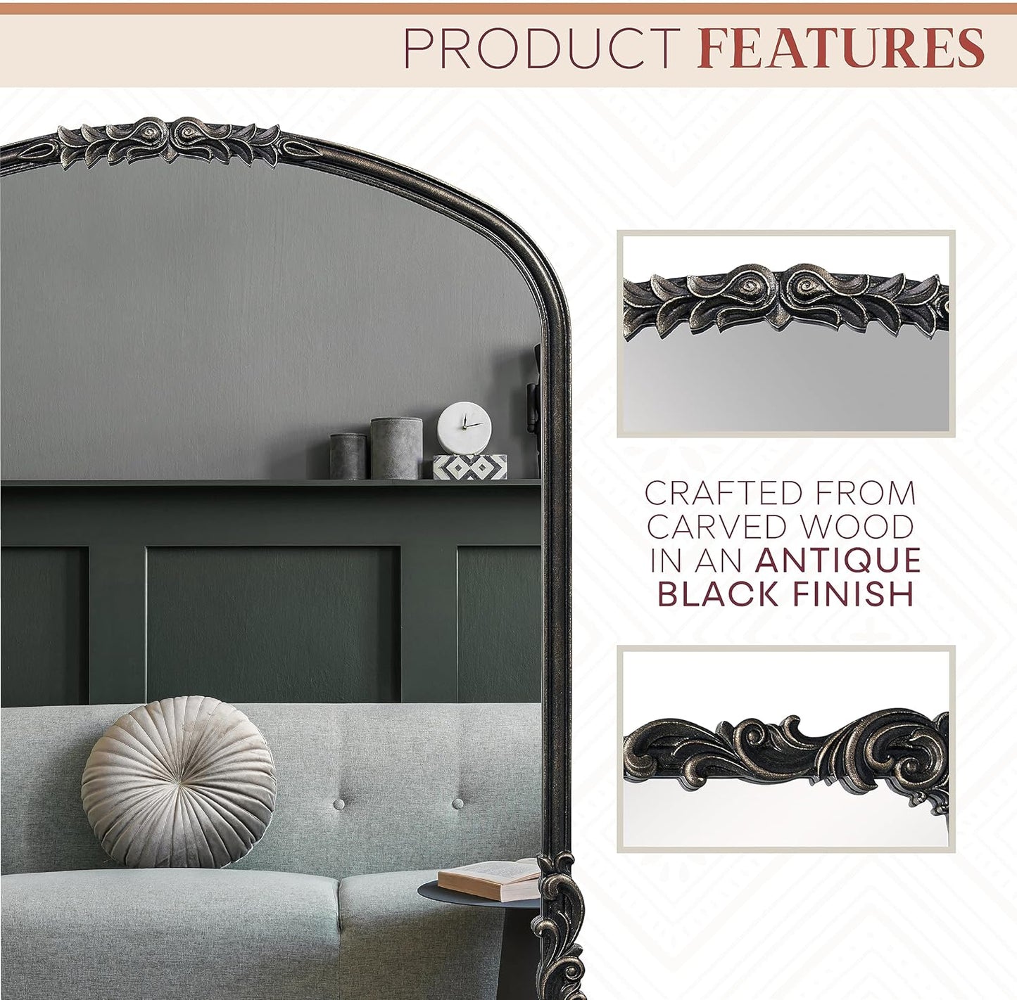 Wylde Iris English Estate Carved Arch Wood Wall Mirror, Mirror for Entryway, Living Room, Bathroom, Antique Black, 28.4x35