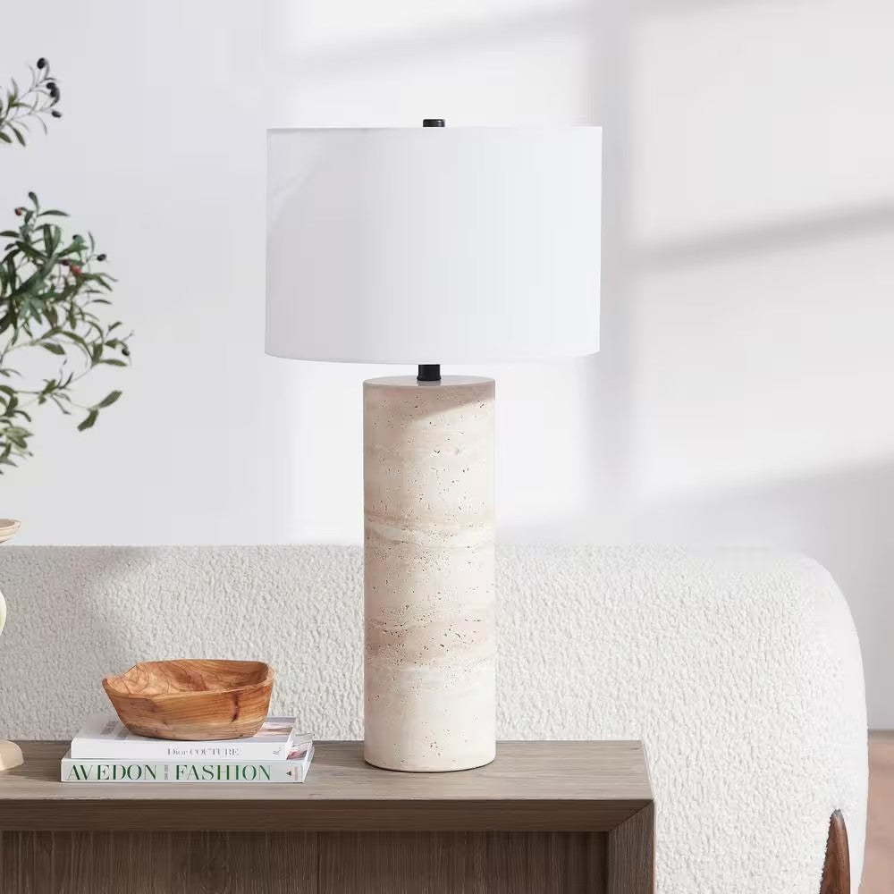 Corbett 29 in. Natural Travertine Stone Table Lamp with Fabric Shade