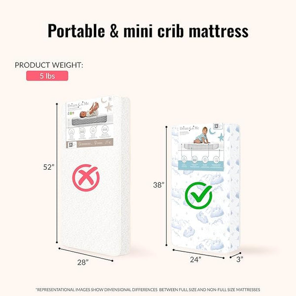 Dream On Me Holly 3” Mini/Portable Crib Mattress, Greenguard Gold & JPMA Certified, Fits Portable & Mini Cribs, Lightweight Fiber Core, Waterproof Vinyl Cover (38