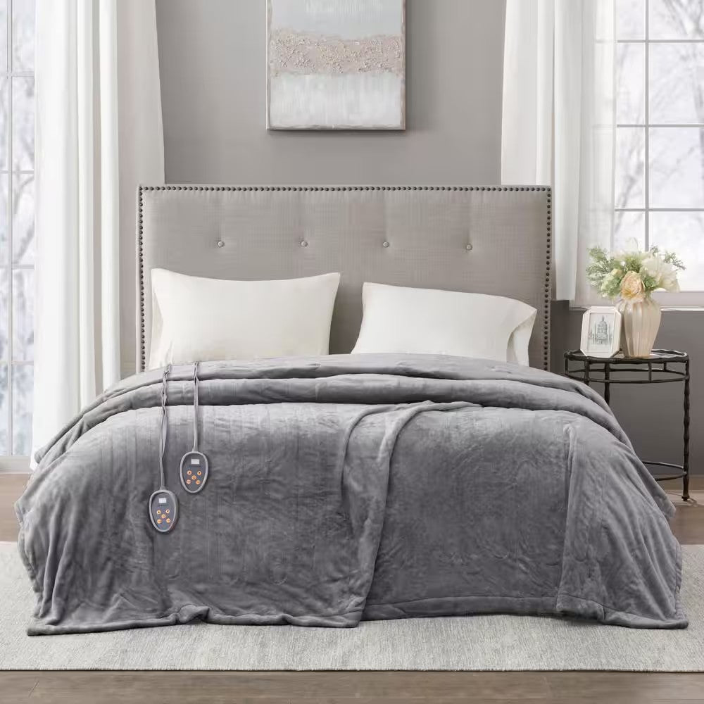 100 in. x 90 in. Heated Plush Grey King Blanket