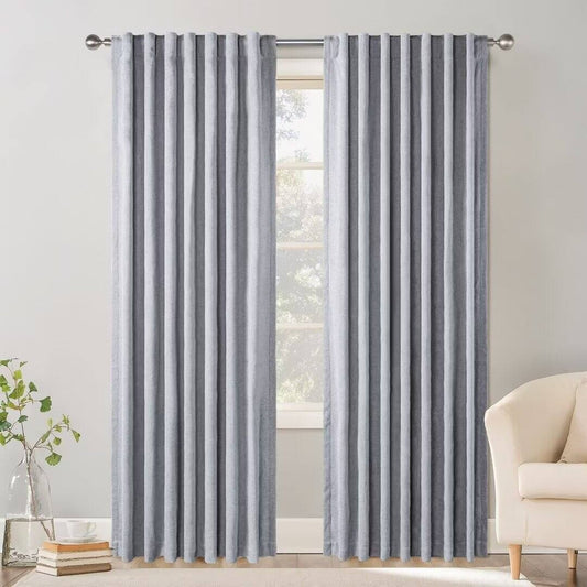 Awesome Home Chenille Blackout Set of 2 Back Tab Curtain Panels, Ash Blue