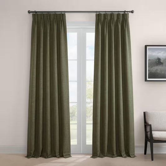 Khaki Green Pleated Textured Faux Linen Curtains 25 in. W x 84 in. L (Single Panel)
