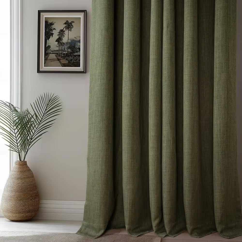 Khaki Green Pleated Textured Faux Linen Curtains 25 in. W x 84 in. L (Single Panel)