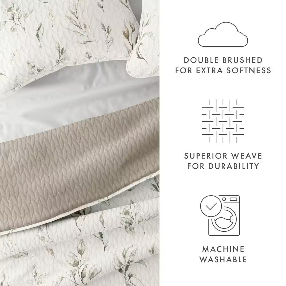 All Season 3-Pcs Latte Watercolor Leaves/Stripe Reversible Microfiber Quilt Set with Shams