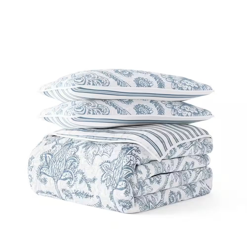 All Season 3-Pcs Jacobean/Stripe Reversible Dusk Blue Microfiber Quilt Set with Shams