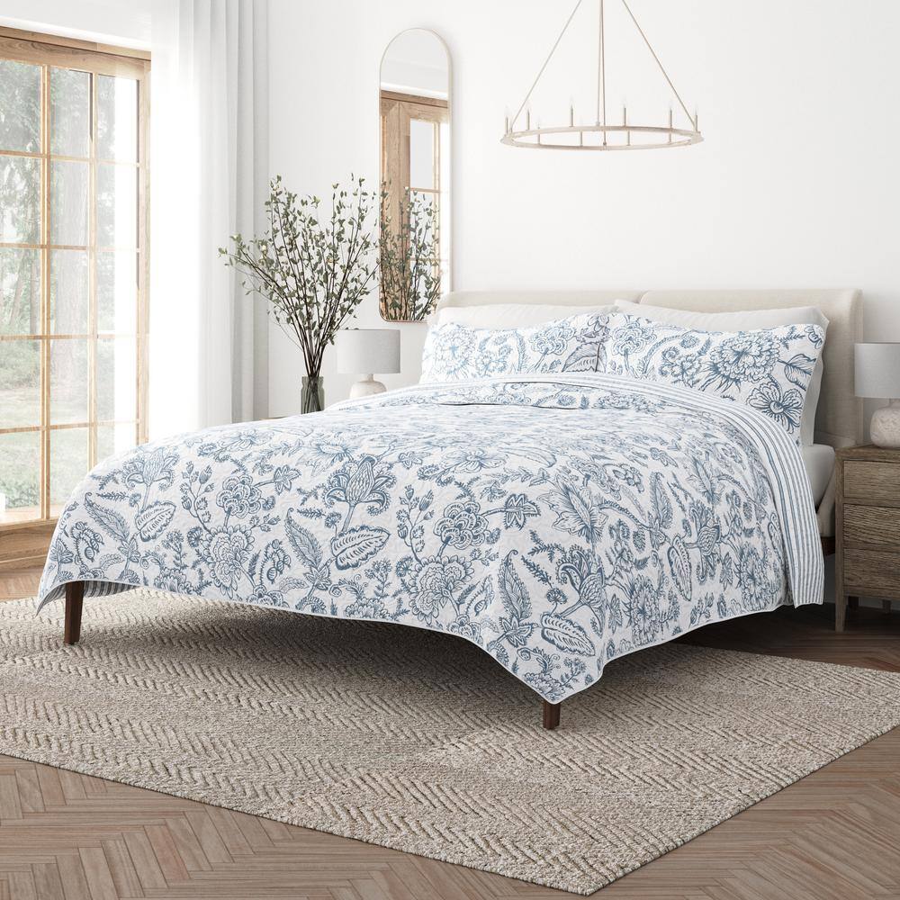 All Season 3-Pcs Jacobean/Stripe Reversible Dusk Blue Microfiber Quilt Set with Shams