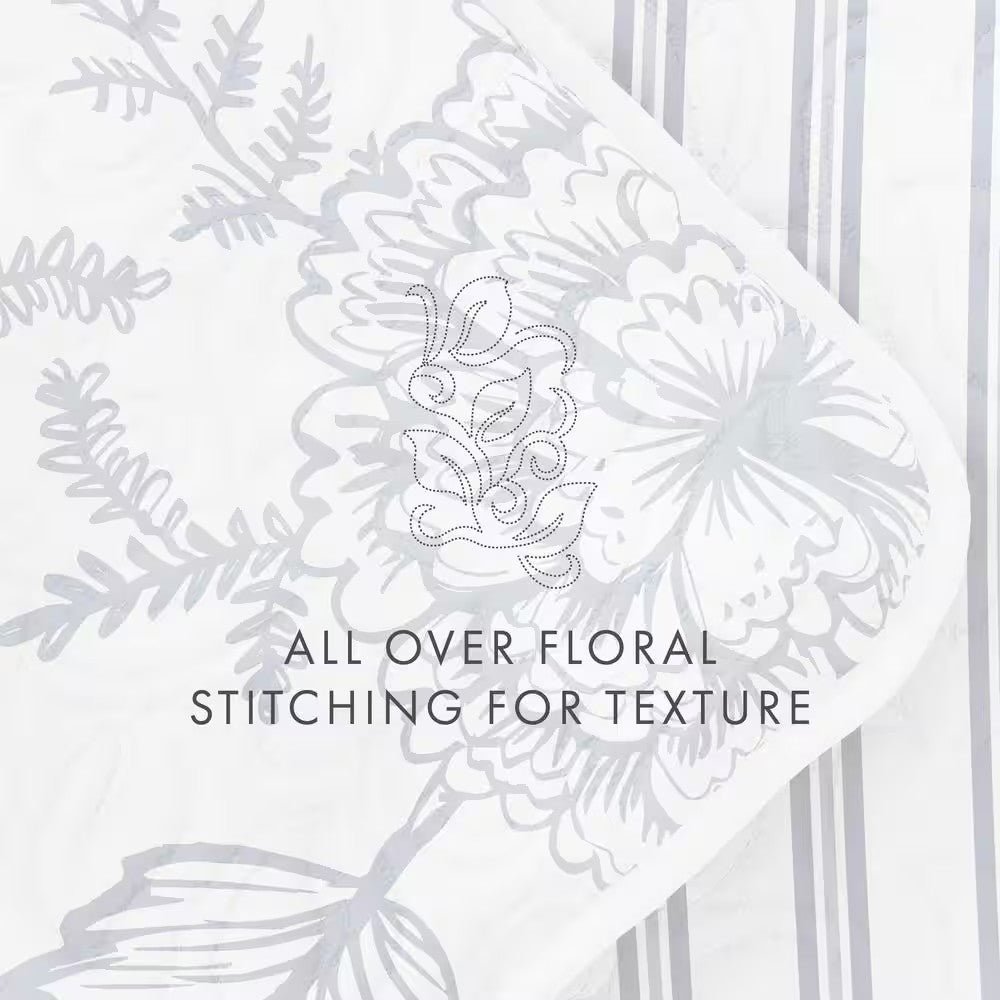 All Season 3-Pcs Jacobean/Stripe Reversible Dusk Blue Microfiber Quilt Set with Shams