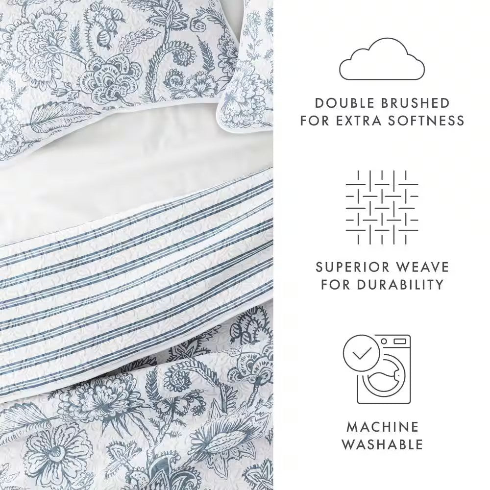 All Season 3-Pcs Jacobean/Stripe Reversible Dusk Blue Microfiber Quilt Set with Shams