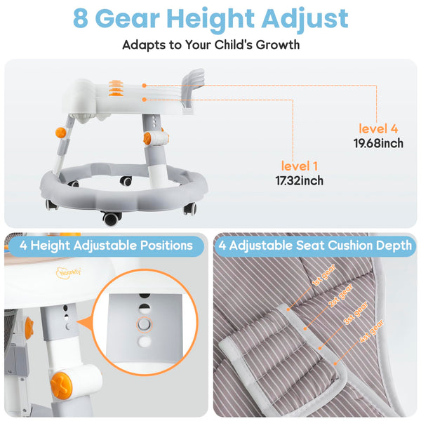 Noonkty Seated Baby Walker with Wheels and 8 Adjustable Heights, Infant Walker for Baby Boy Girl 6-12 Months, Foldable Baby Walkers and Activity Center, Portable Toddler Walker for Babies