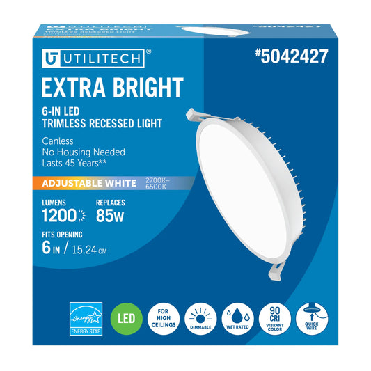 Utilitech Canless Trimless Recessed Downlight White 6-in 1200-Lumen Switchable White Round Dimmable LED Canless Wet Rated Recessed Downlight