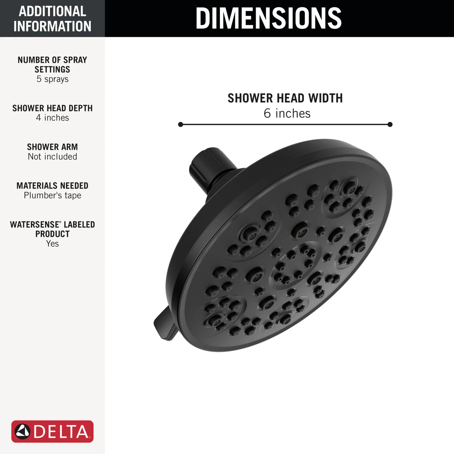 Delta Universal Showering Components 5-Settings Matte Black 6-in Round Fixed High Pressure Shower Head 1.75 GPM