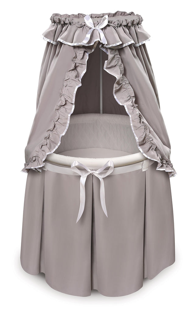 Badger Basket Empress Canopy Bassinet - Round Rocking Baby Cradle with Locking Wheels, Mattress, Bedding, and Storage Basket - 2-in-1 Bedside Sleeper - Gray/White
