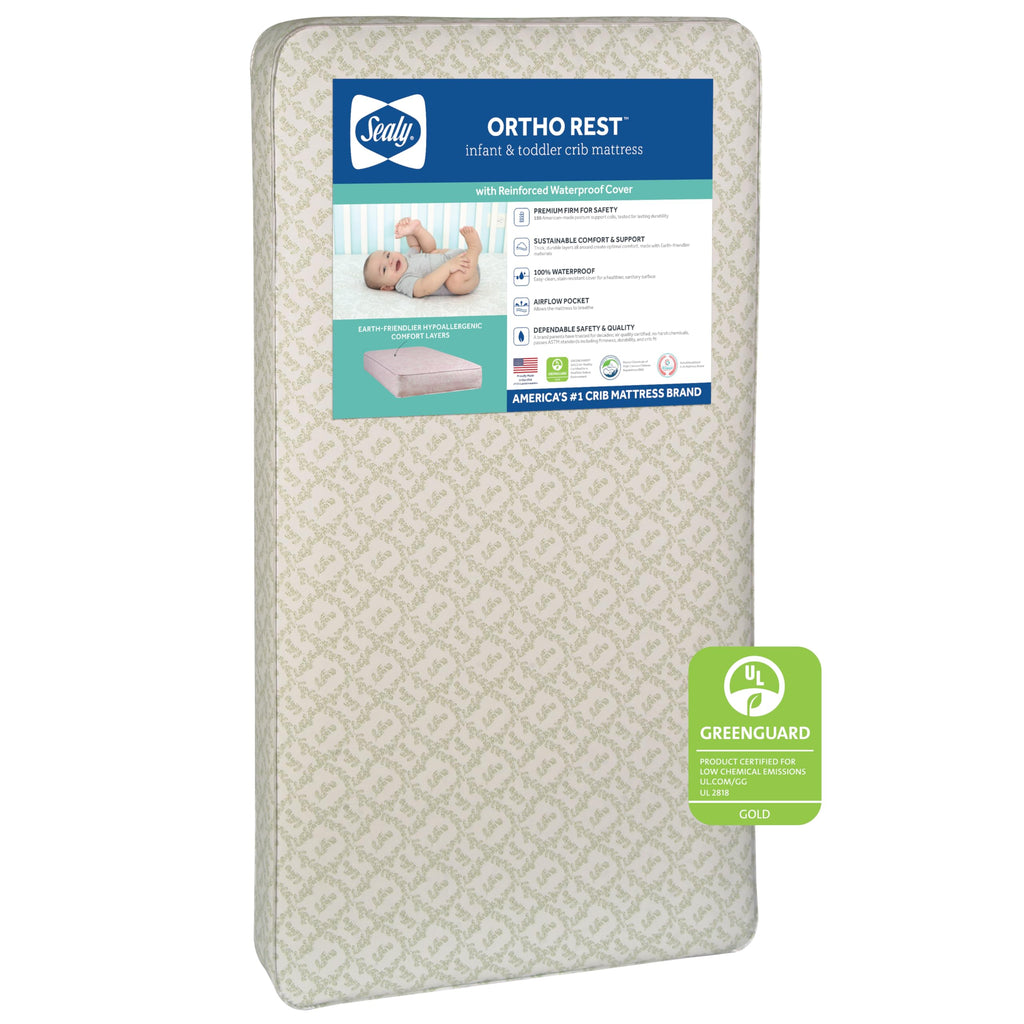 SEALY BABY Ortho Rest Crib & Toddler Mattress – Waterproof, Extra Firm with 150 Coils, GREENGUARD Gold Certified, Orthopedic Support, 52" x 28", Made in USA - Gray