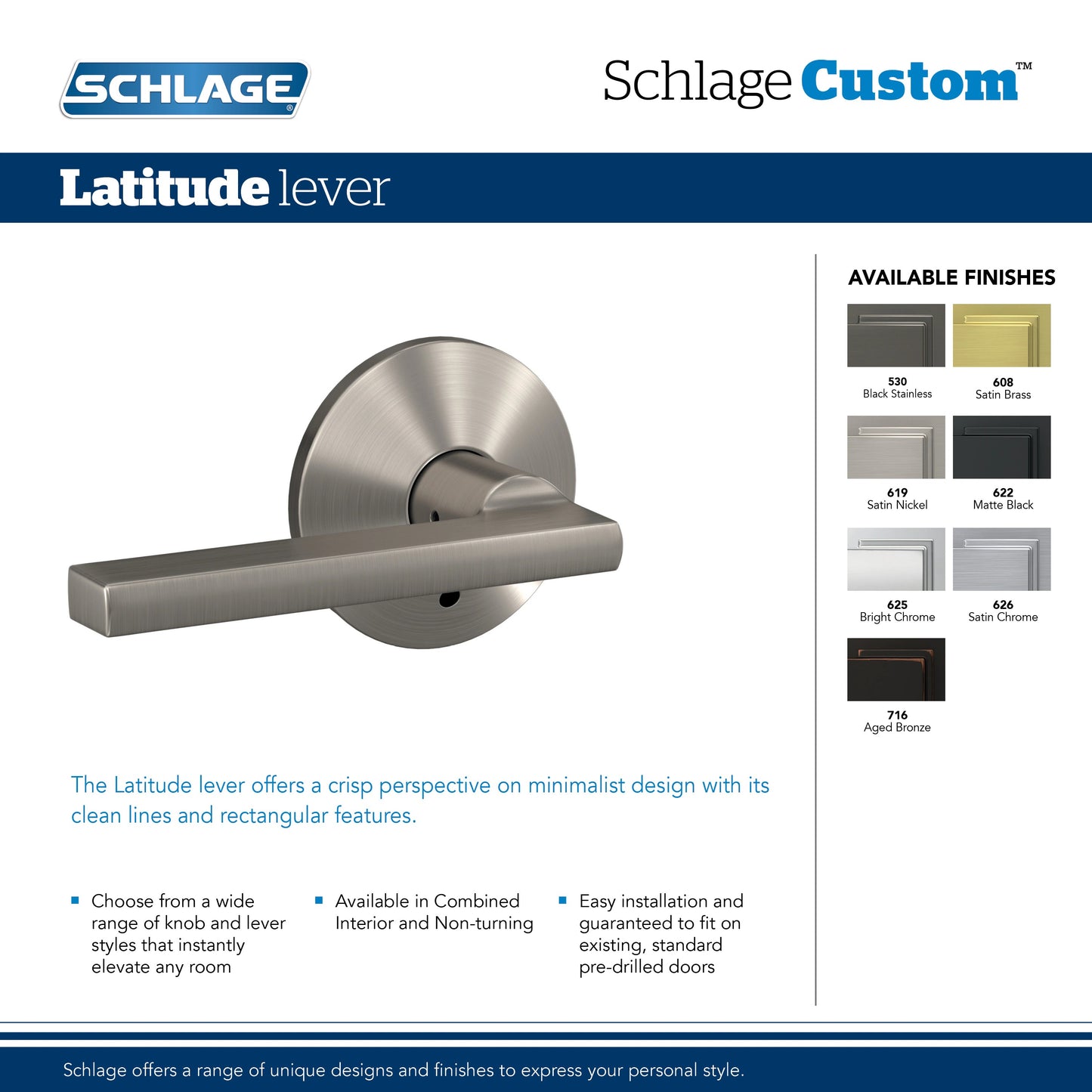 Schlage Custom Latitude- Kinsler Satin Nickel Universal Interior Bed/Bath Hall/Closet Combined Door Handle