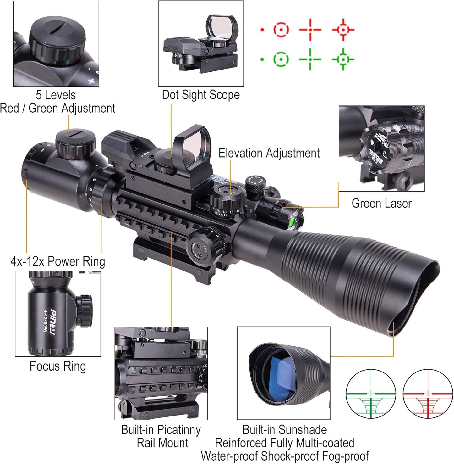 PINTY Tactical Rifle Scope Combo: 3-9x32 3-9x40 4-12x50 4-16x50
